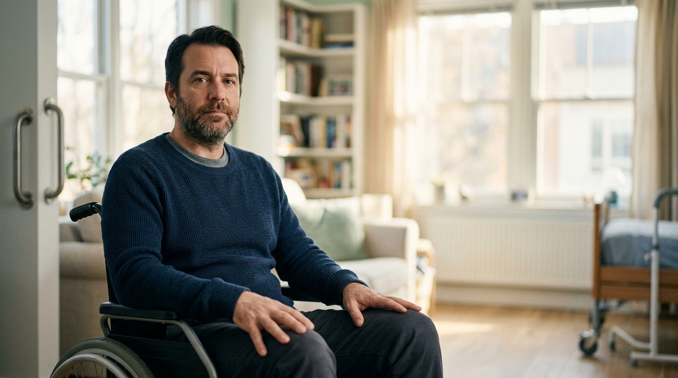 Man in a wheelchair looking ahead with a determined expression.
