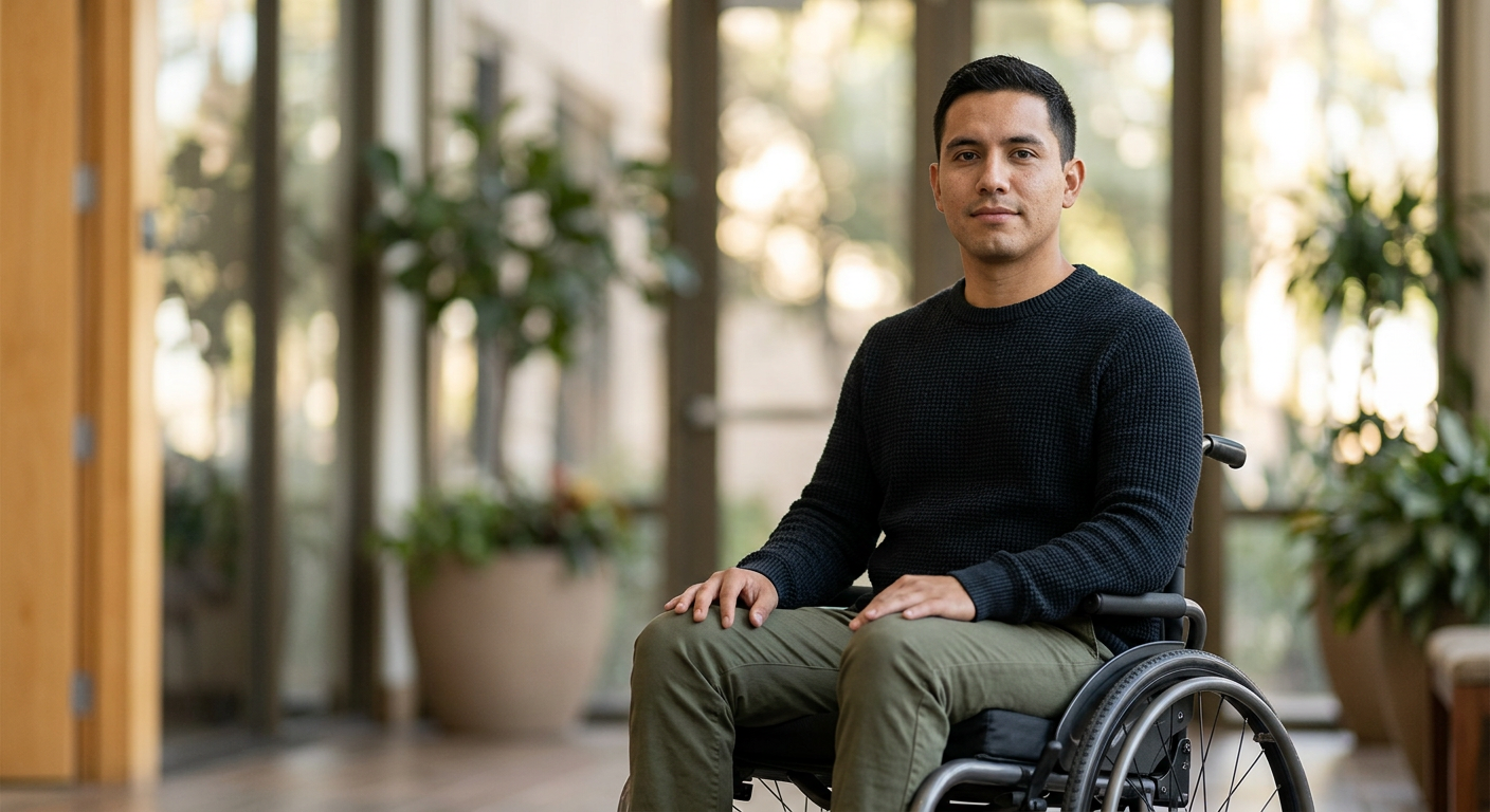 Man in a wheelchair looking forward with quiet resolve after a catastrophic spinal injury.