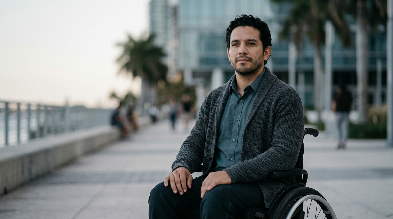 Man using a wheelchair looking forward with quiet resolve after a catastrophic spinal injury.