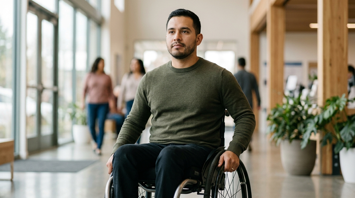 Man using a wheelchair looking forward with quiet resolve.