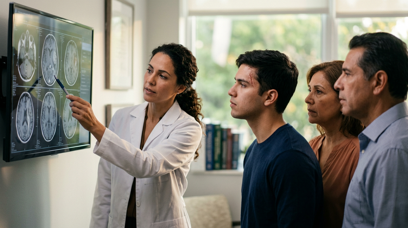 Neurólogo hispano revisa imágenes cerebrales con una familia latina tras una lesión cerebral traumática.