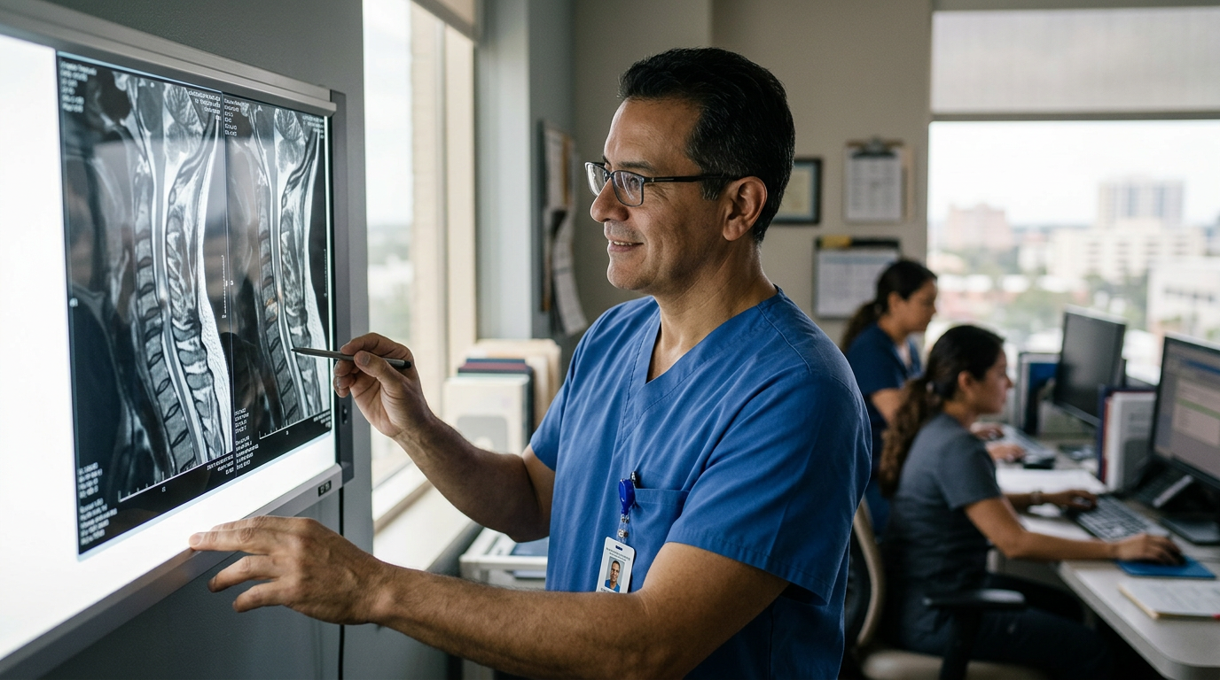 Neurocirujano hispano revisa una resonancia cervical que muestra una lesión de médula espinal.