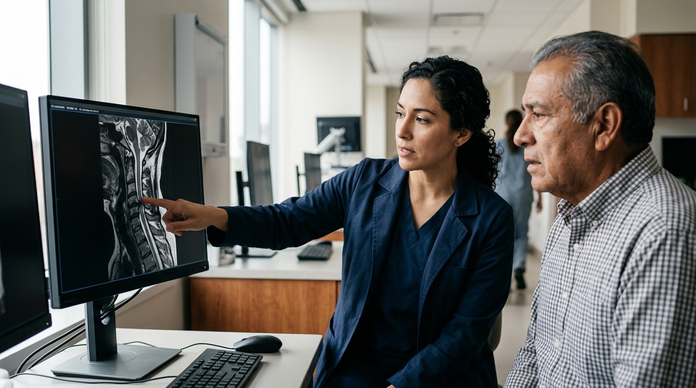 Neurocirujano hispano revisa una resonancia magnética de columna cervical con lesión medular.