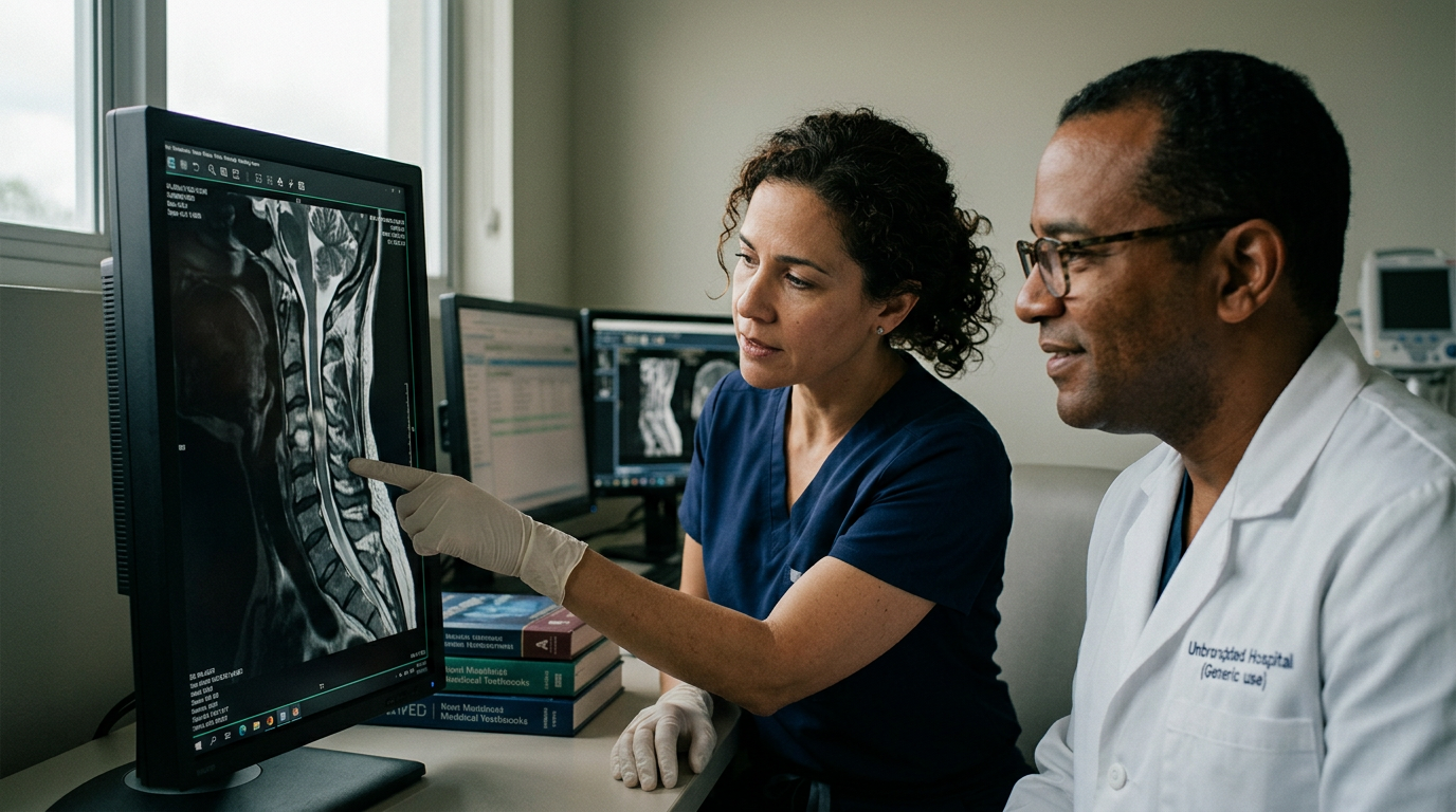 Neurocirujano hispano revisando una resonancia de columna cervical con lesión de médula espinal.