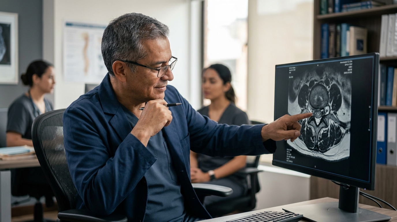 Neurocirujano latino revisa una resonancia de columna cervical que muestra una lesión medular.