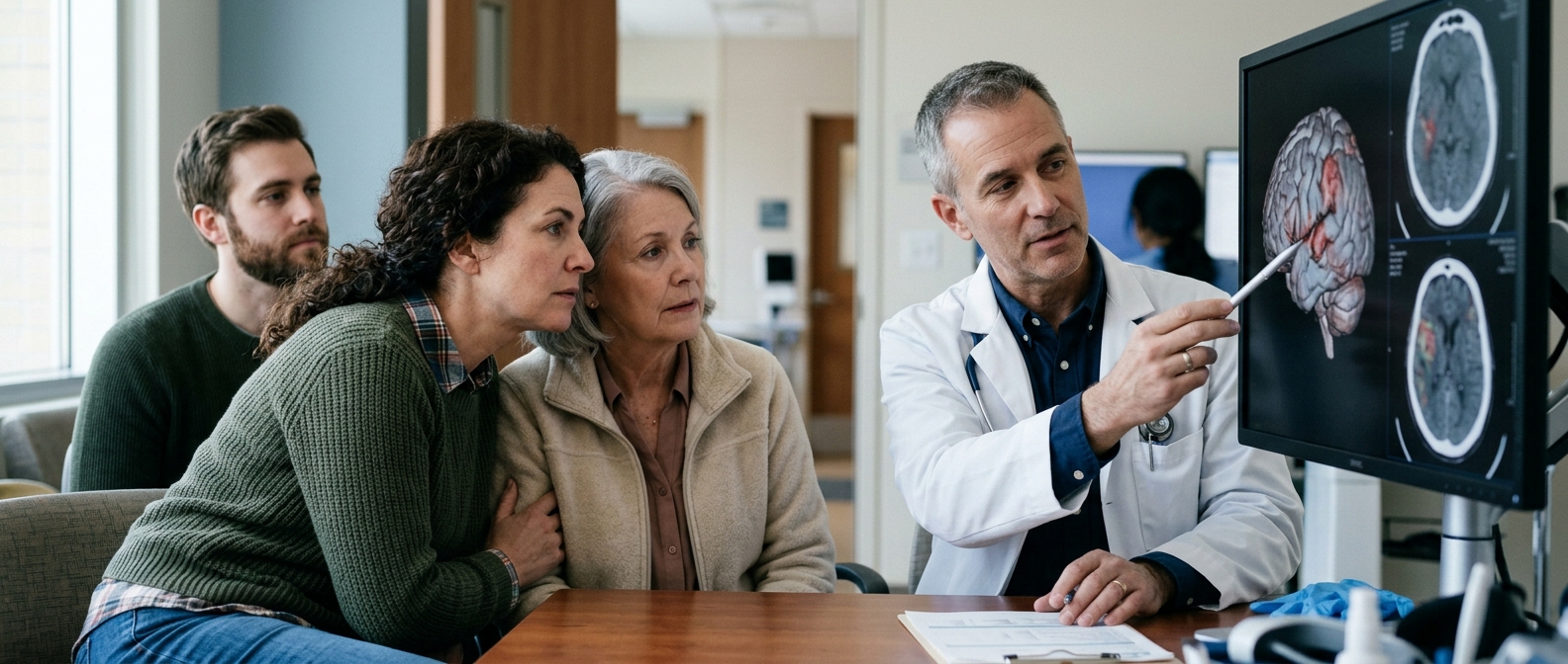 Neurologist reviewing brain scans on a monitor with a family after a traumatic brain injury.