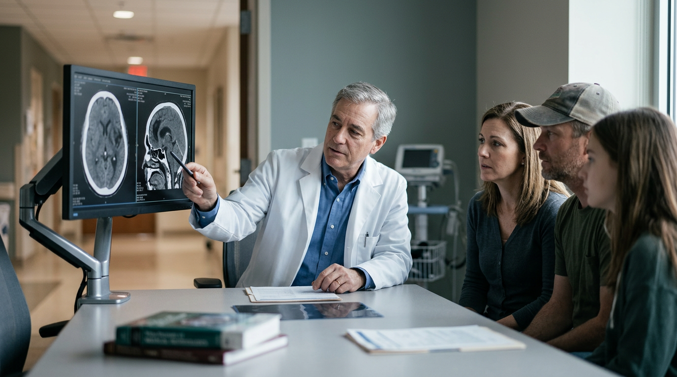 Neurologist reviewing brain scans with a family after a traumatic brain injury.