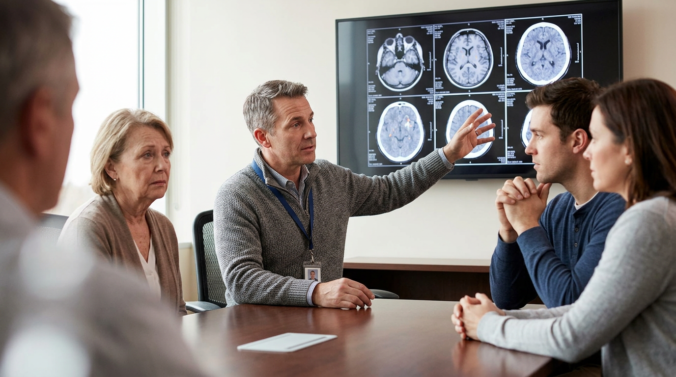 Neurologist reviewing brain scans with a family after a traumatic brain injury.