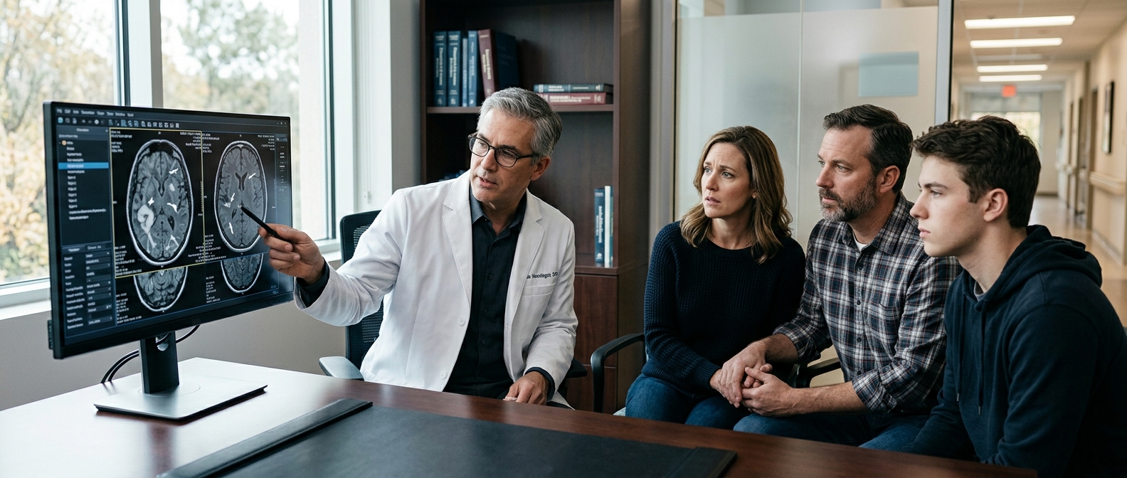 Neurologist reviews brain scans with a family after a traumatic brain injury.