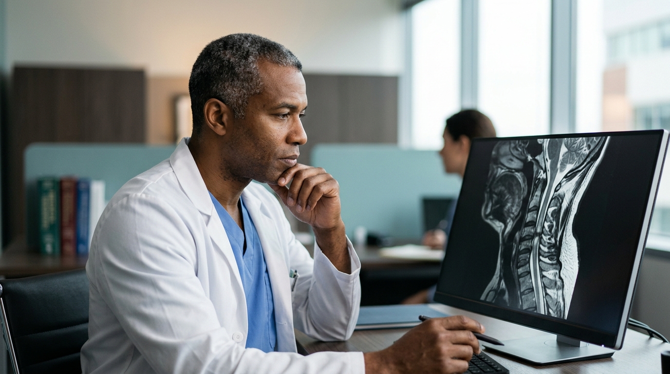 Neurosurgeon examines a cervical-spine MRI showing a spinal cord injury on a display.