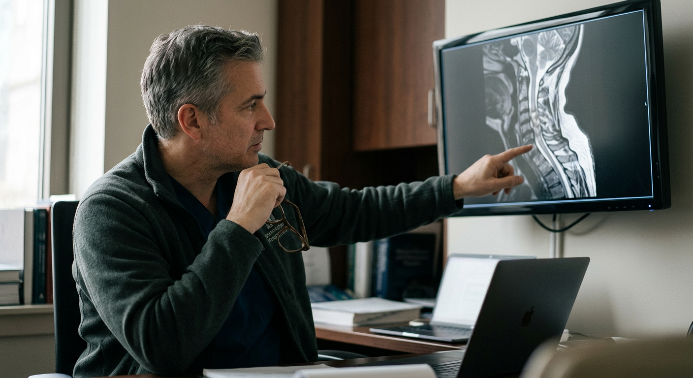 Neurosurgeon examines a cervical-spine MRI showing a spinal cord injury.