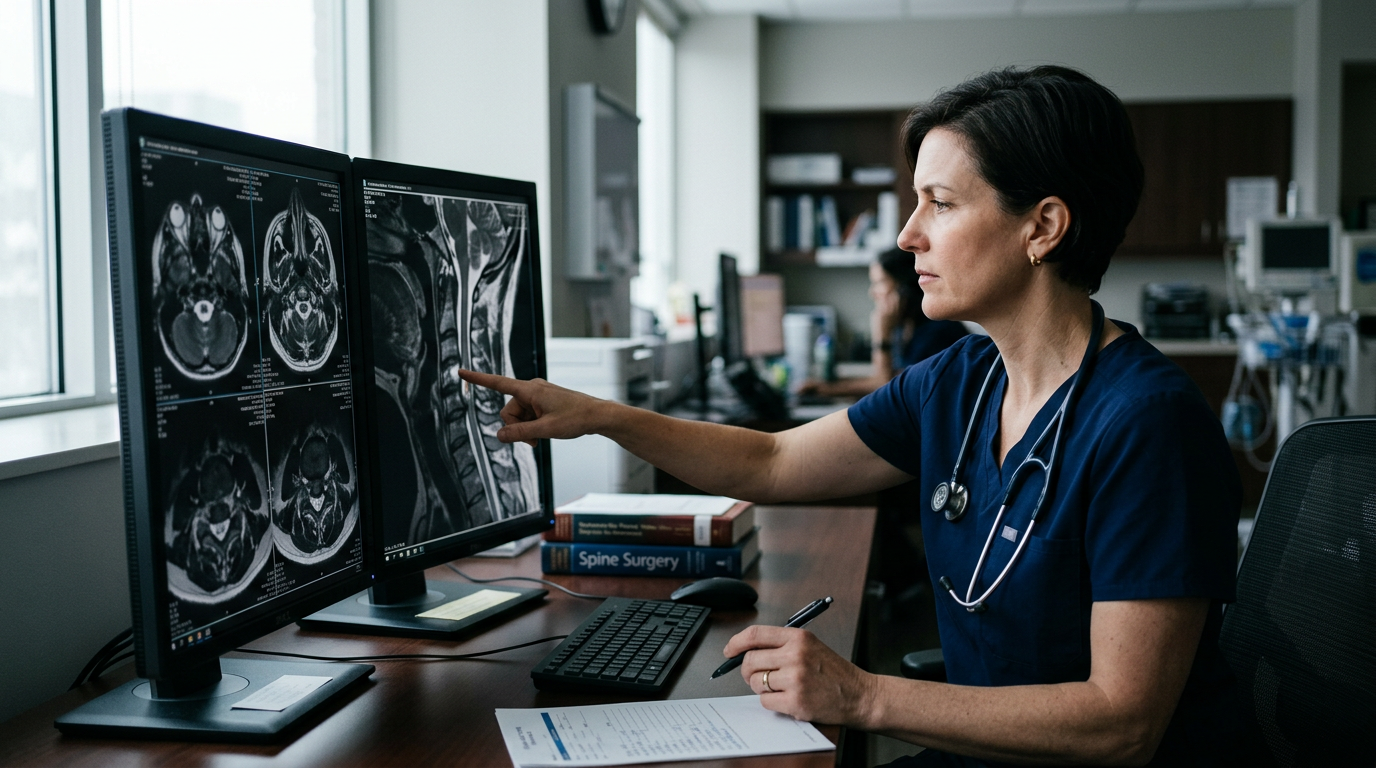 Neurosurgeon examining a cervical-spine MRI scan showing a spinal cord injury.