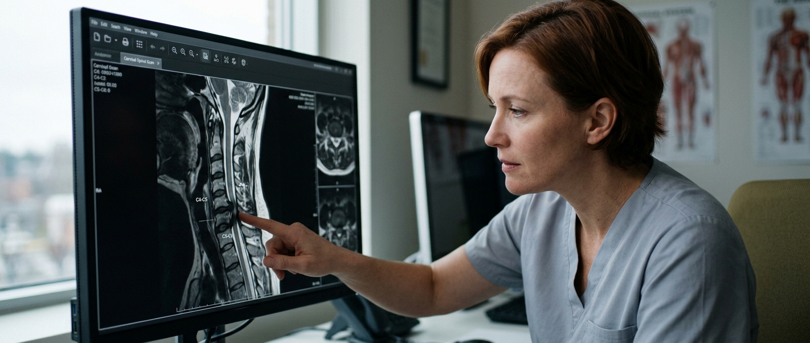 Neurosurgeon examining a cervical-spine MRI scan showing a spinal cord injury.