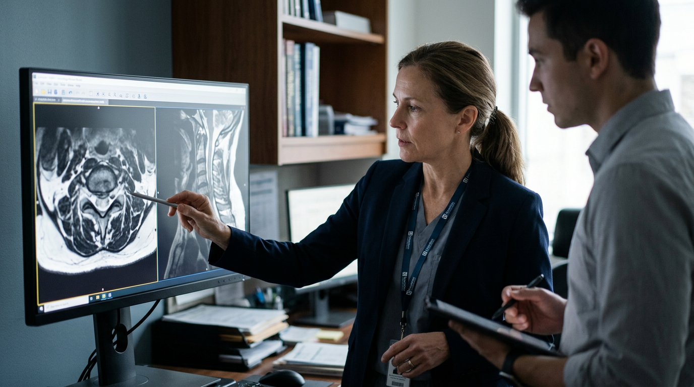 Neurosurgeon examining a cervical-spine MRI scan showing a spinal cord injury.