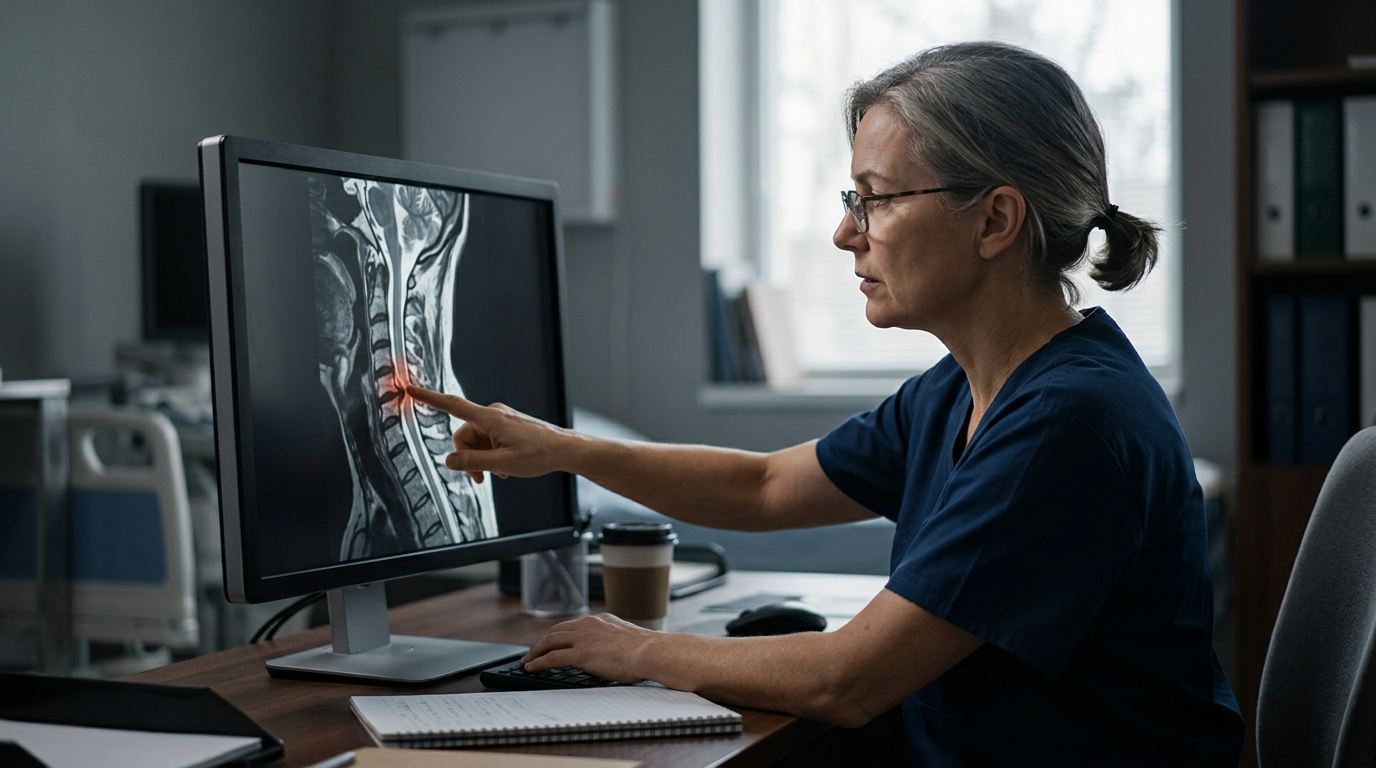 Neurosurgeon examining a cervical-spine MRI scan showing a spinal cord injury.