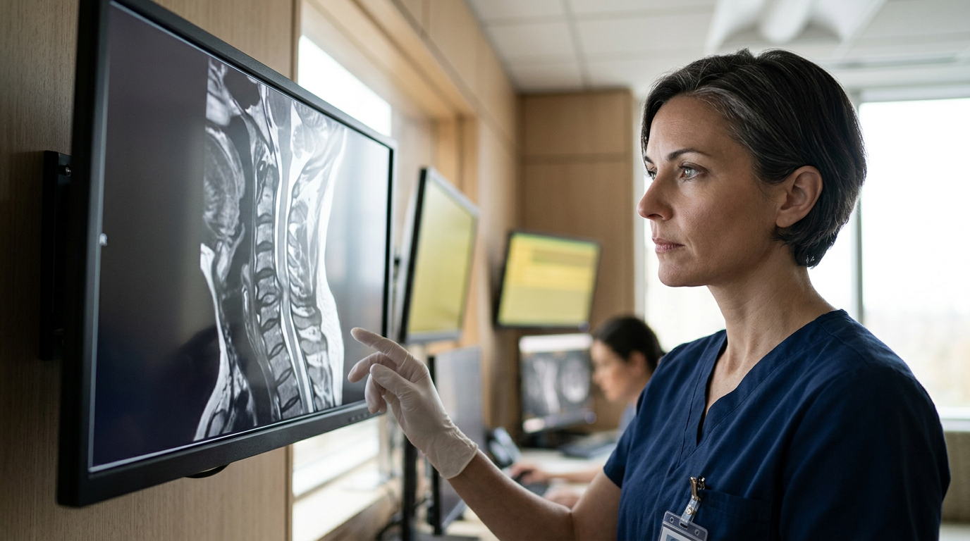 Neurosurgeon examining a cervical-spine MRI showing a spinal cord injury.