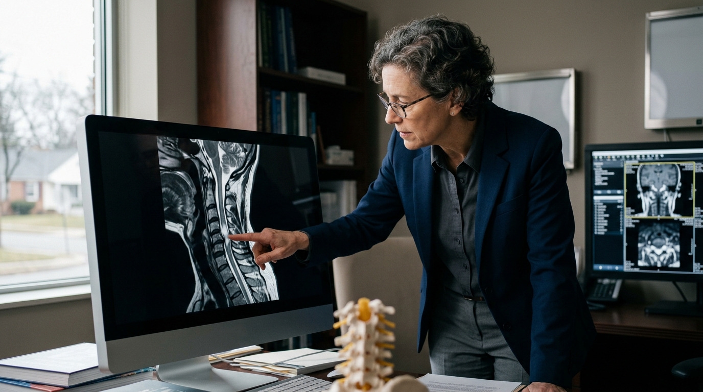 Neurosurgeon examining a cervical-spine MRI showing a spinal cord injury.