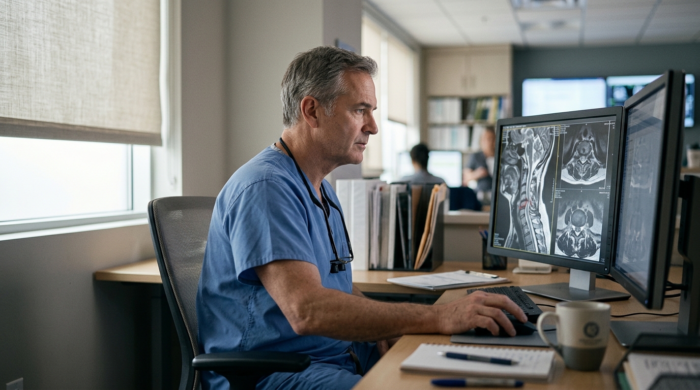 Neurosurgeon examining a cervical-spine MRI showing a spinal cord injury.