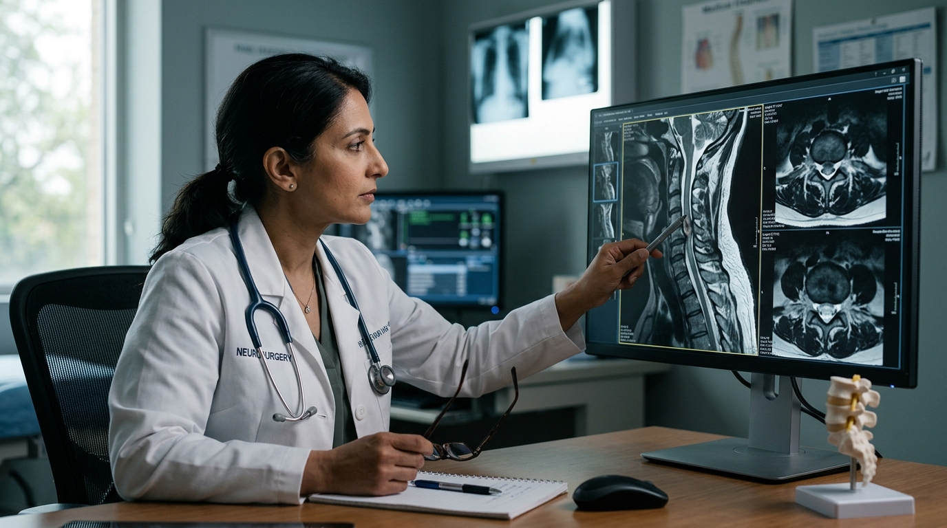 Neurosurgeon examining a cervical-spine MRI showing a spinal cord injury.