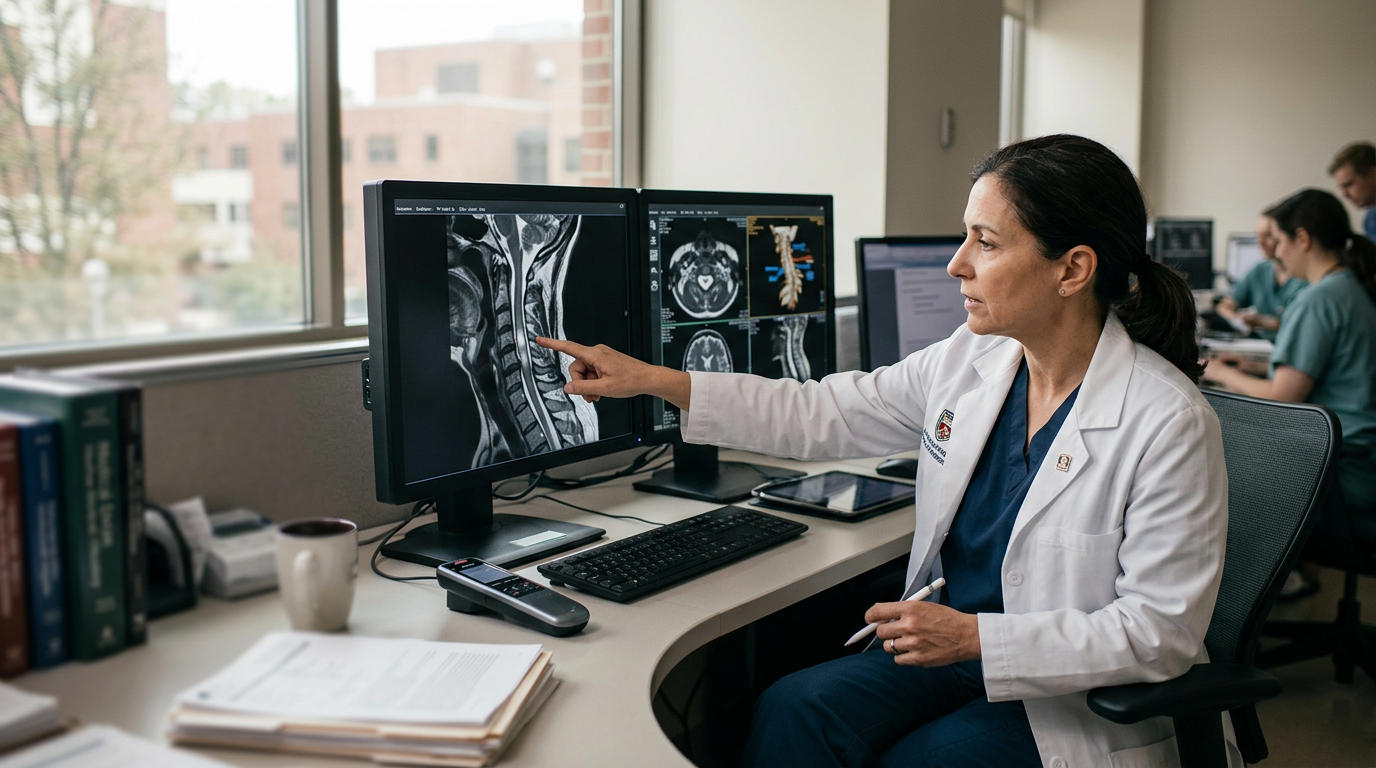 Neurosurgeon examining a cervical-spine MRI showing a spinal cord injury.