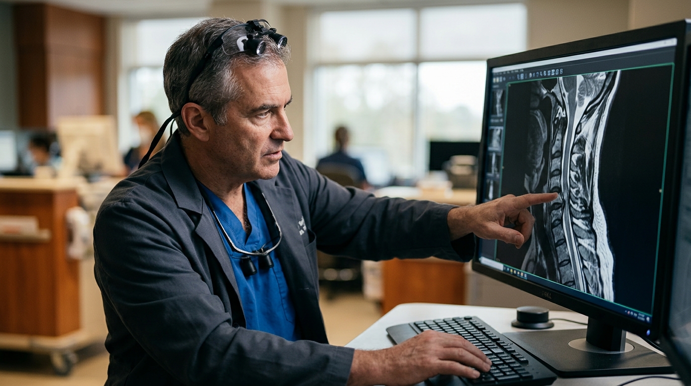 Neurosurgeon examining a cervical-spine MRI showing a spinal cord injury.