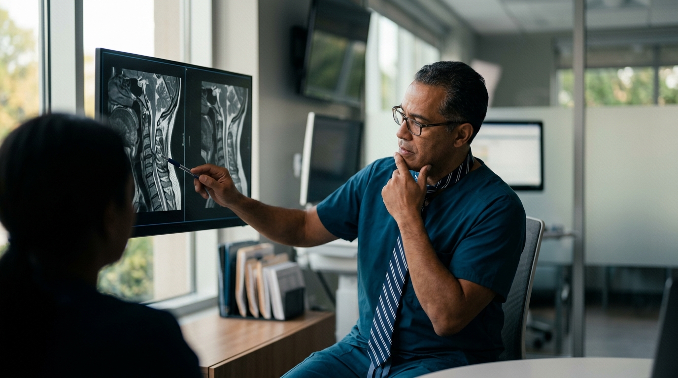 Neurosurgeon examining a cervical-spine MRI showing a spinal cord injury.