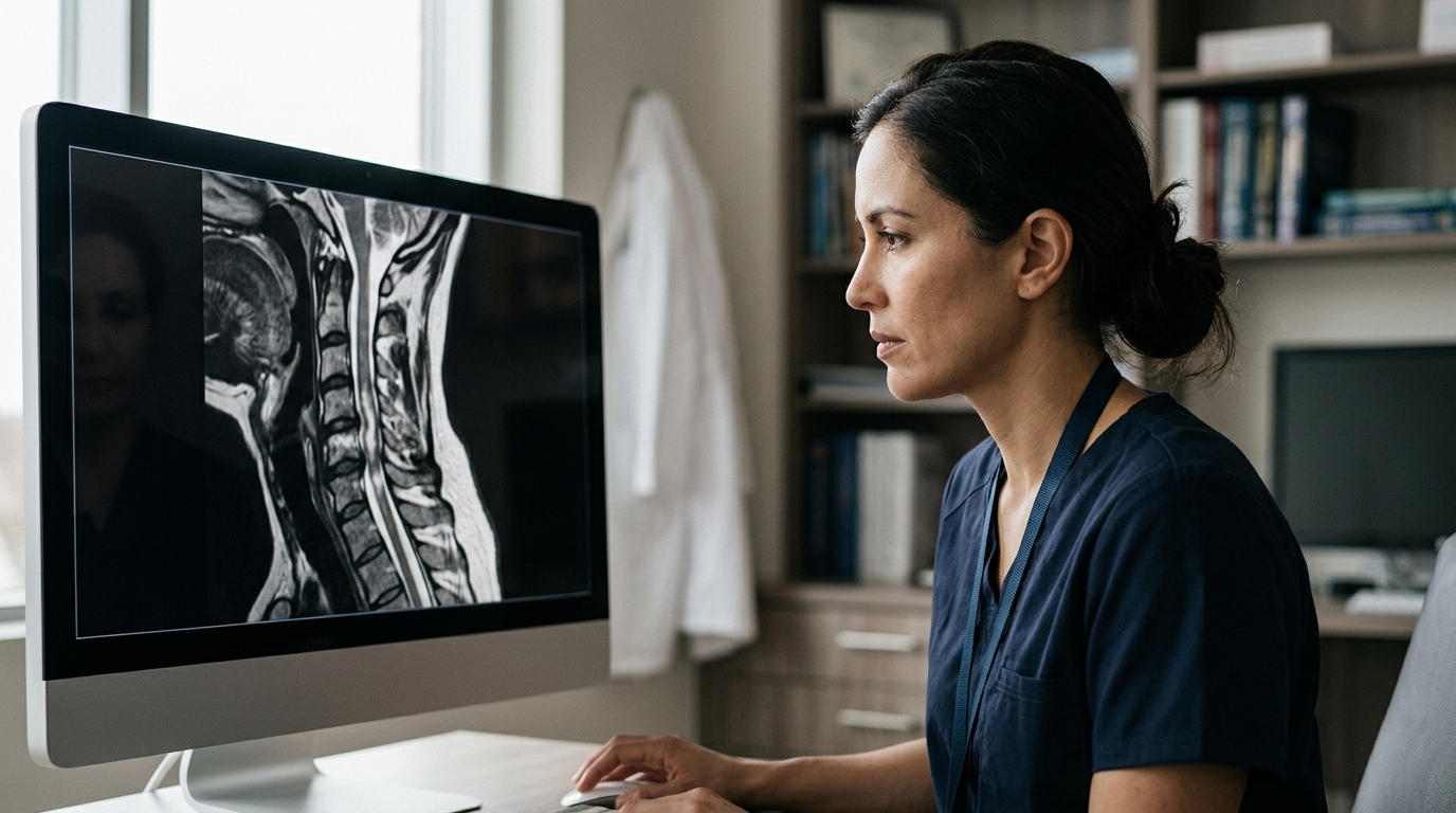 Neurosurgeon examining a cervical-spine MRI showing a spinal cord injury.