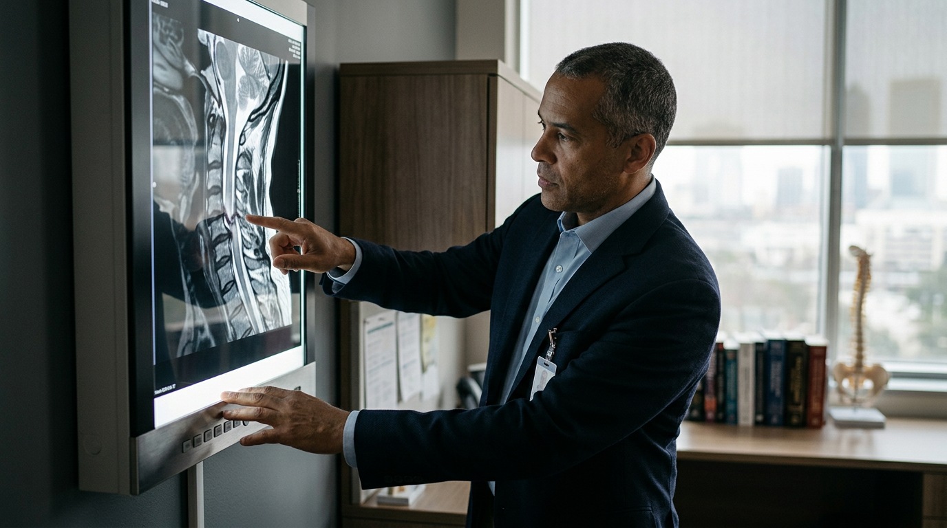 Neurosurgeon examining a cervical-spine MRI showing a spinal cord injury.