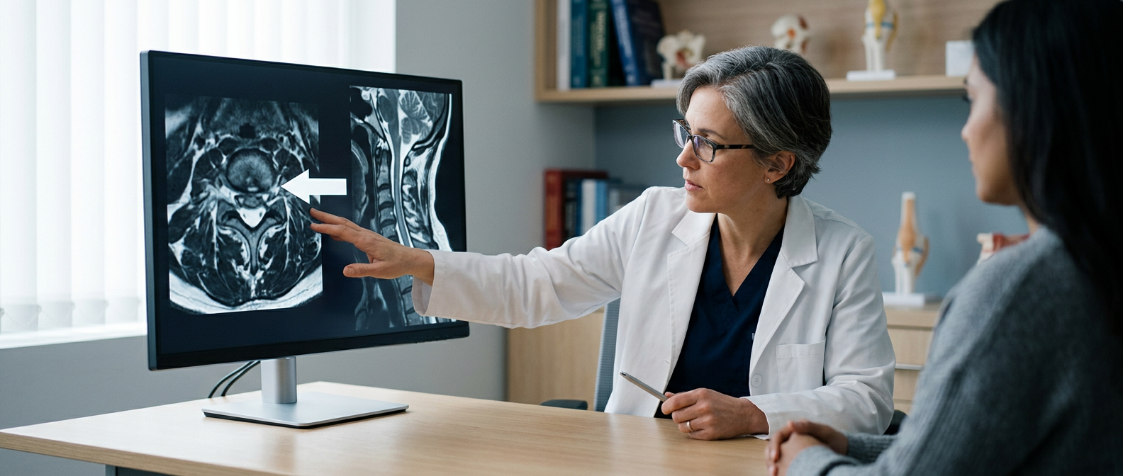 Neurosurgeon examining a cervical-spine MRI showing spinal cord injury.