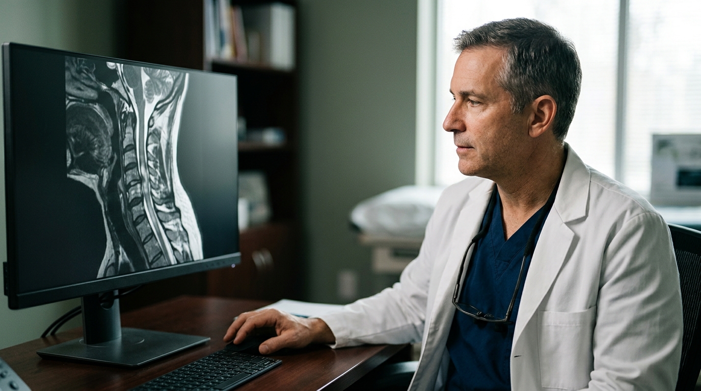 Neurosurgeon reviewing a cervical-spine MRI scan showing a spinal cord injury.