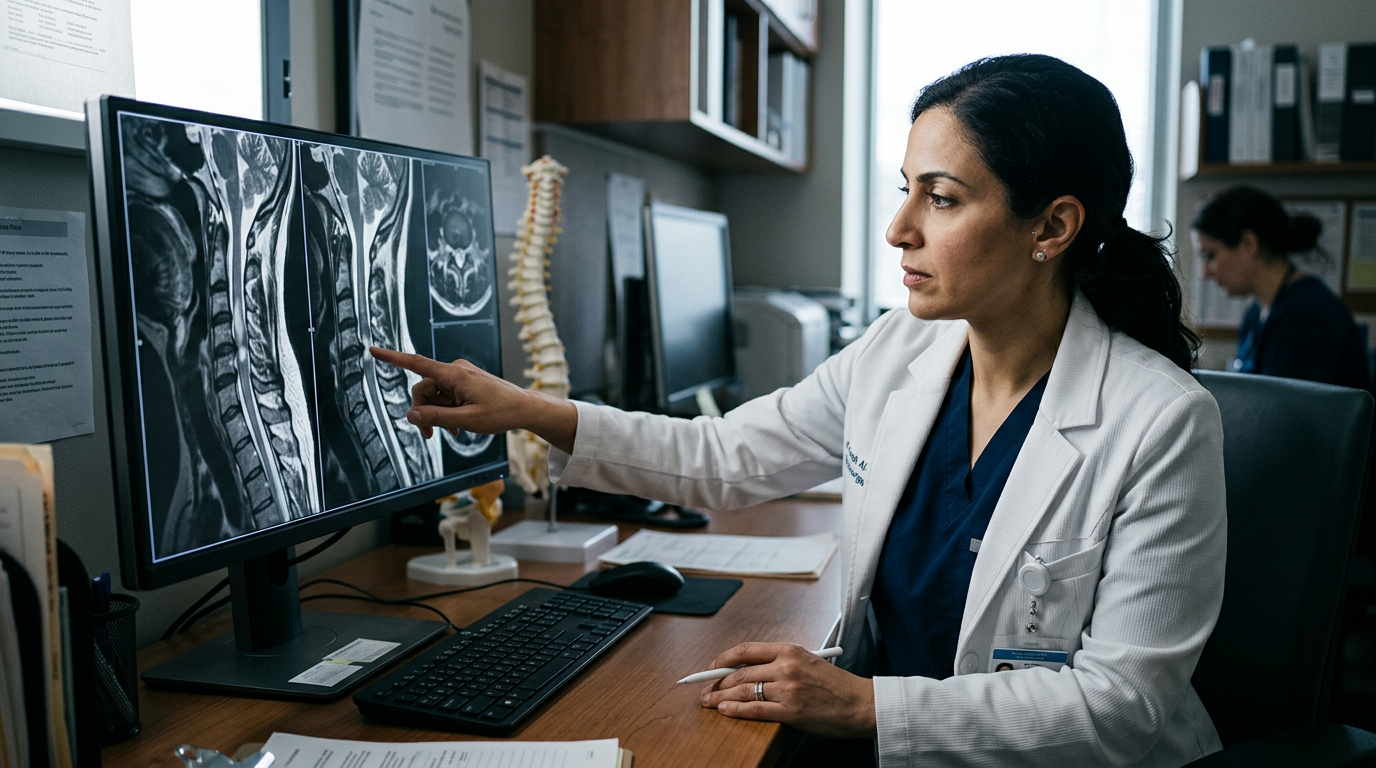Neurosurgeon reviewing a cervical-spine MRI scan showing a spinal cord injury.