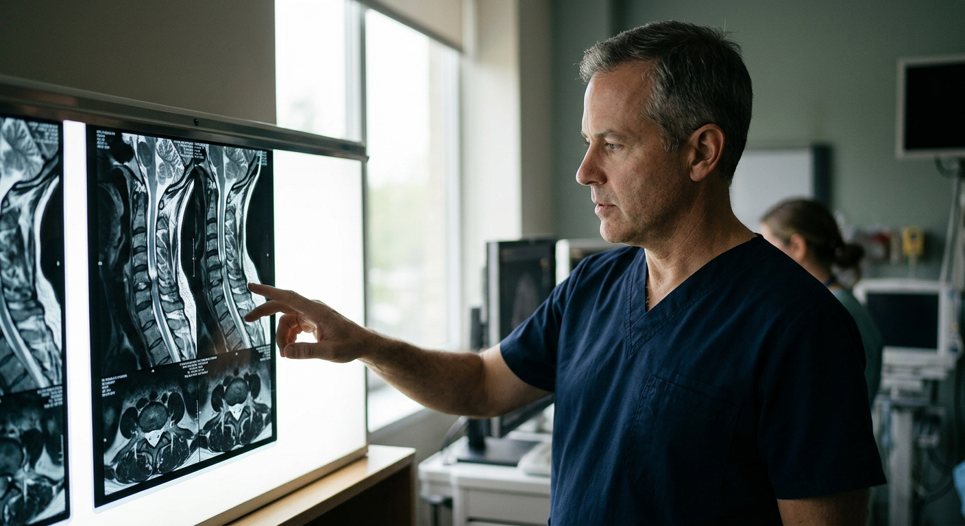 Neurosurgeon reviewing a cervical-spine MRI showing a spinal cord injury.