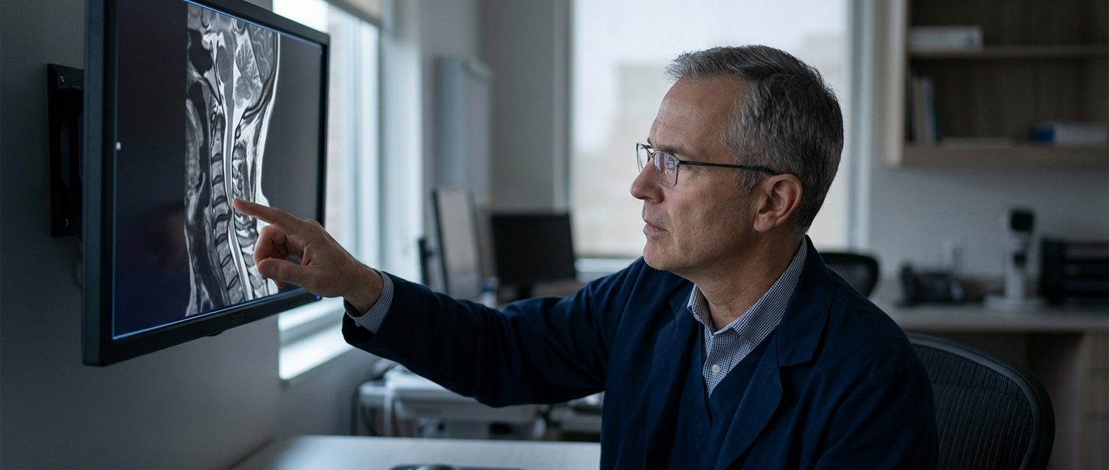 Neurosurgeon reviewing a cervical-spine MRI showing a spinal cord injury.