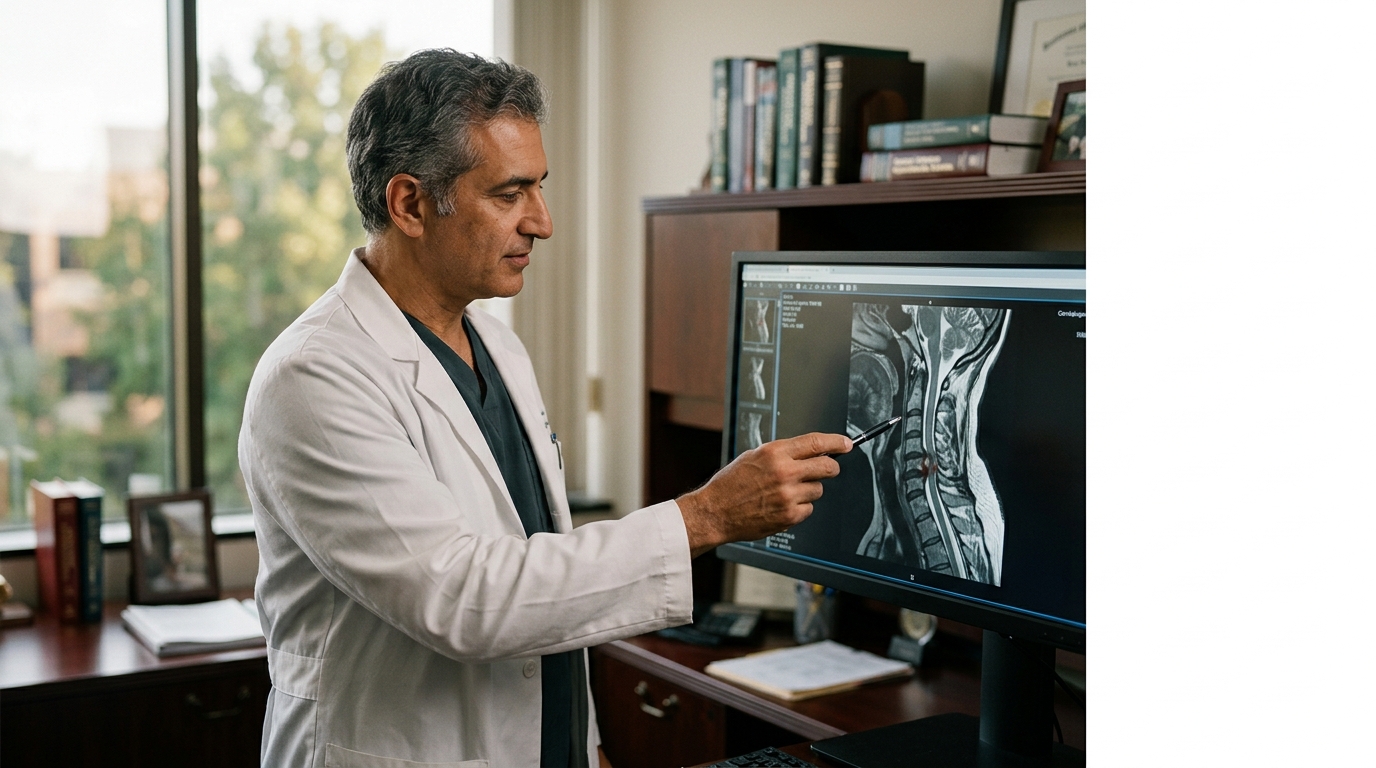 Neurosurgeon reviewing a cervical-spine MRI showing a spinal cord injury.