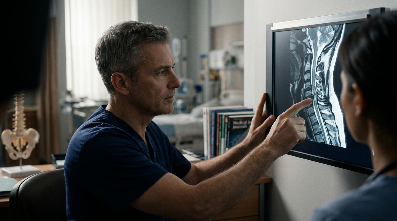 Neurosurgeon reviewing a cervical-spine MRI showing a spinal cord injury.