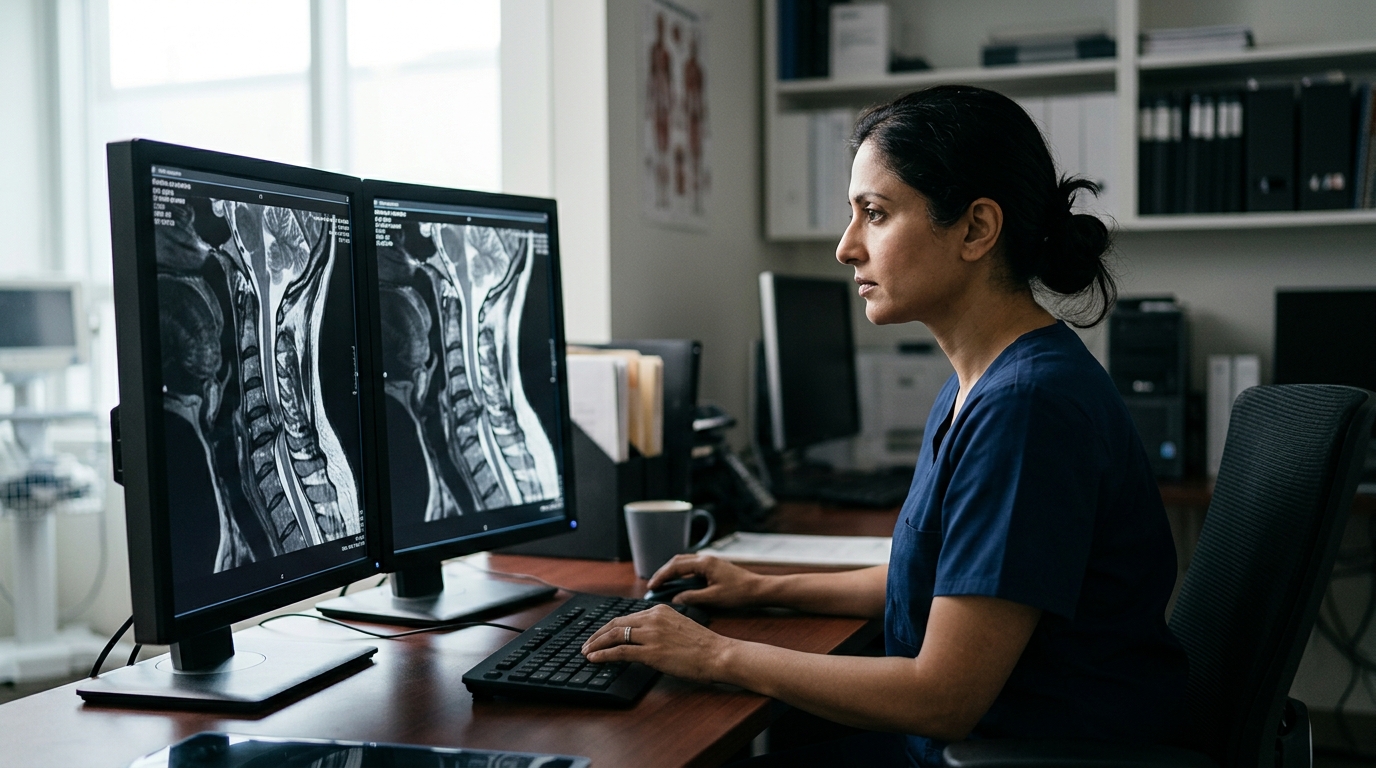 Neurosurgeon reviewing a cervical-spine MRI showing a spinal cord injury.