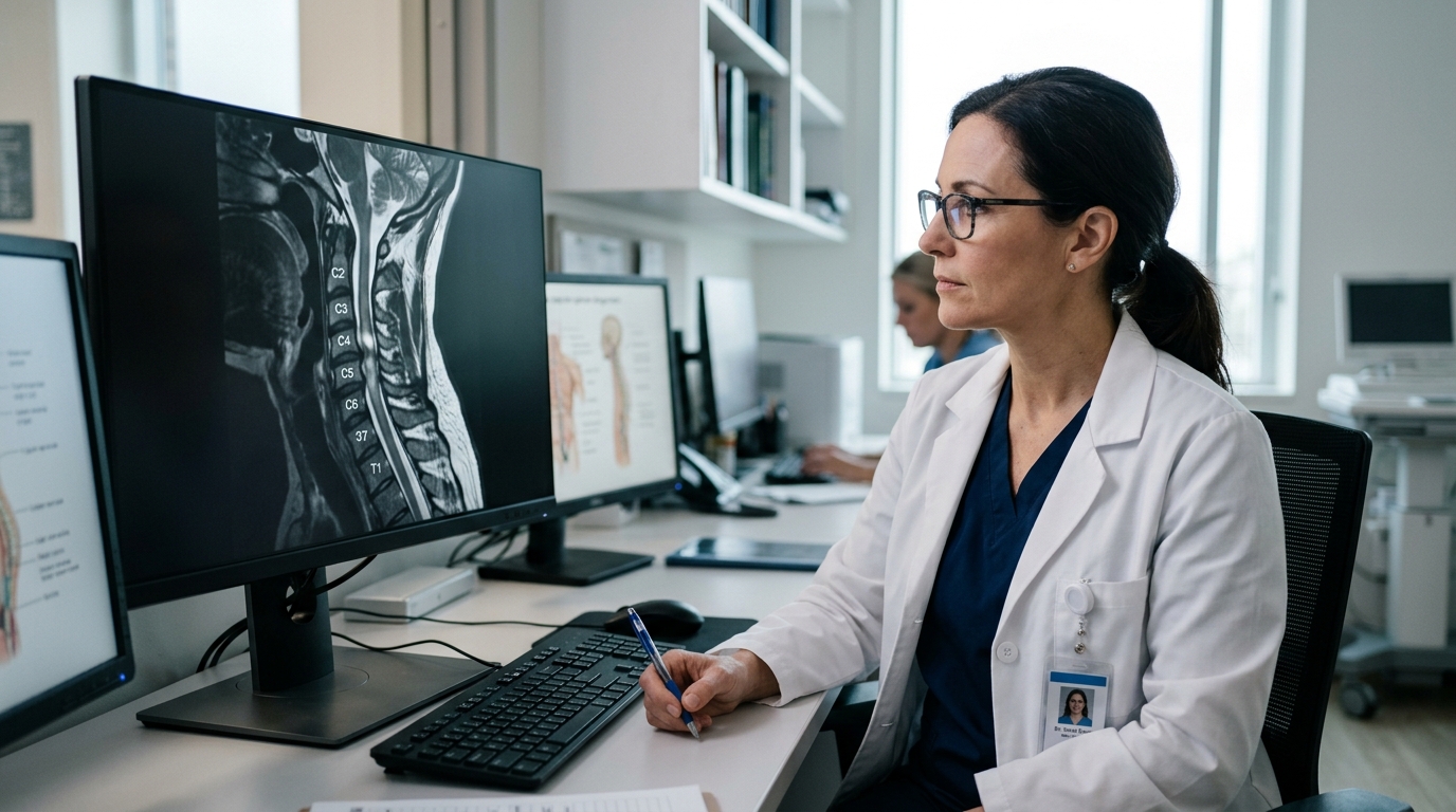 Neurosurgeon reviewing a cervical-spine MRI showing a spinal cord injury.