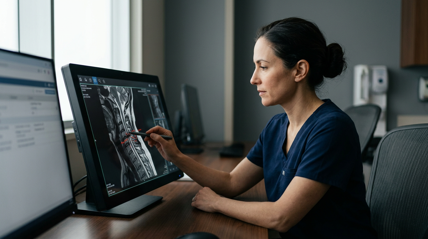 Neurosurgeon reviewing a cervical-spine MRI showing a spinal cord injury.