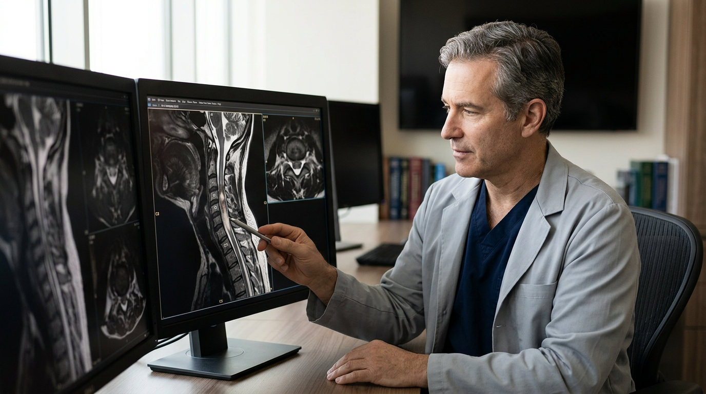 Neurosurgeon reviewing a cervical-spine MRI showing a spinal cord injury.