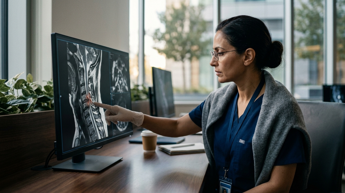 Neurosurgeon reviewing a cervical-spine MRI showing a spinal cord injury.