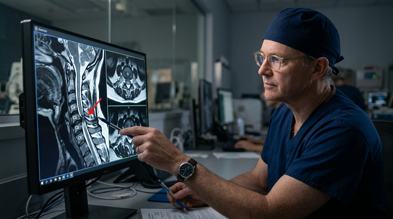 Neurosurgeon reviewing a cervical-spine MRI showing a spinal cord injury.