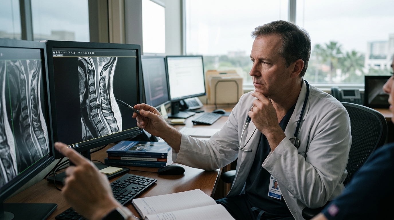 Neurosurgeon reviewing a cervical-spine MRI showing a spinal cord injury.