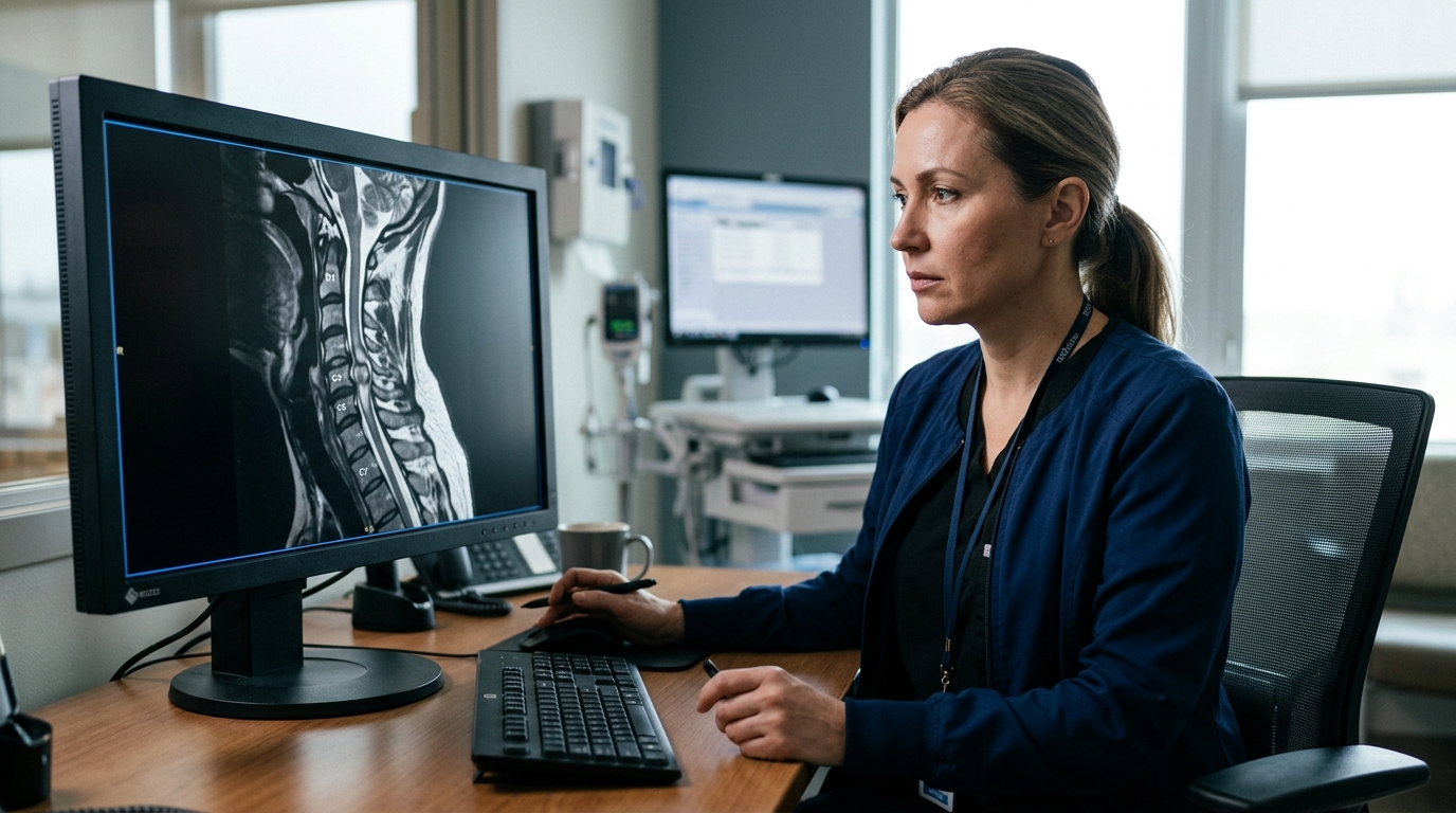 Neurosurgeon reviewing a cervical-spine MRI showing a spinal cord injury.