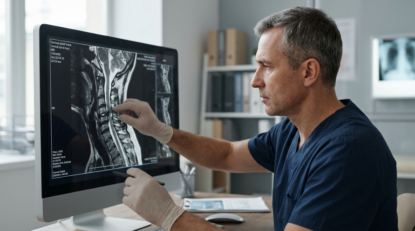 Neurosurgeon reviewing a cervical-spine MRI showing a spinal cord injury.