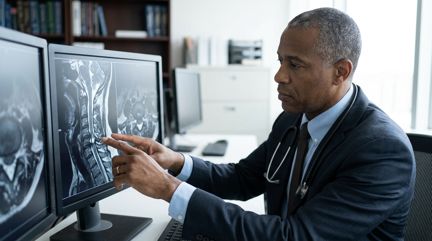 Neurosurgeon reviewing a cervical-spine MRI showing a spinal cord injury.