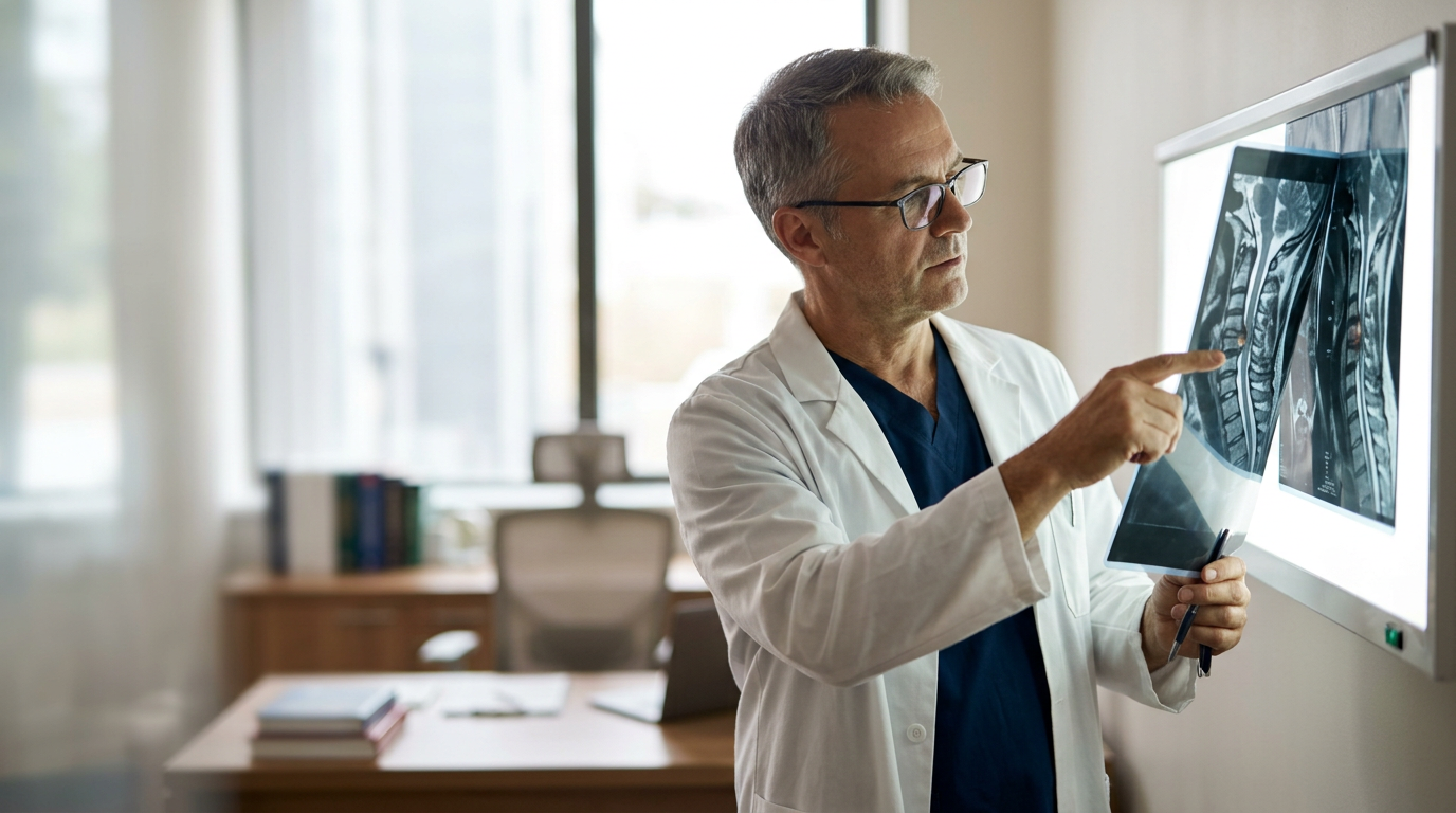 Neurosurgeon reviewing a cervical-spine MRI showing spinal cord injury.