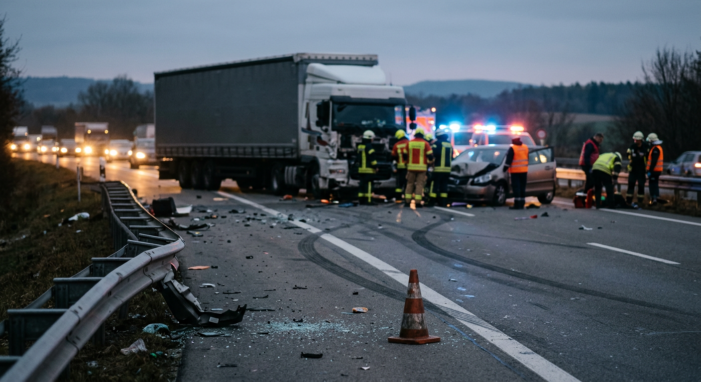 Overturned commercial truck after a highway collision at dusk with debris scattered across the road.