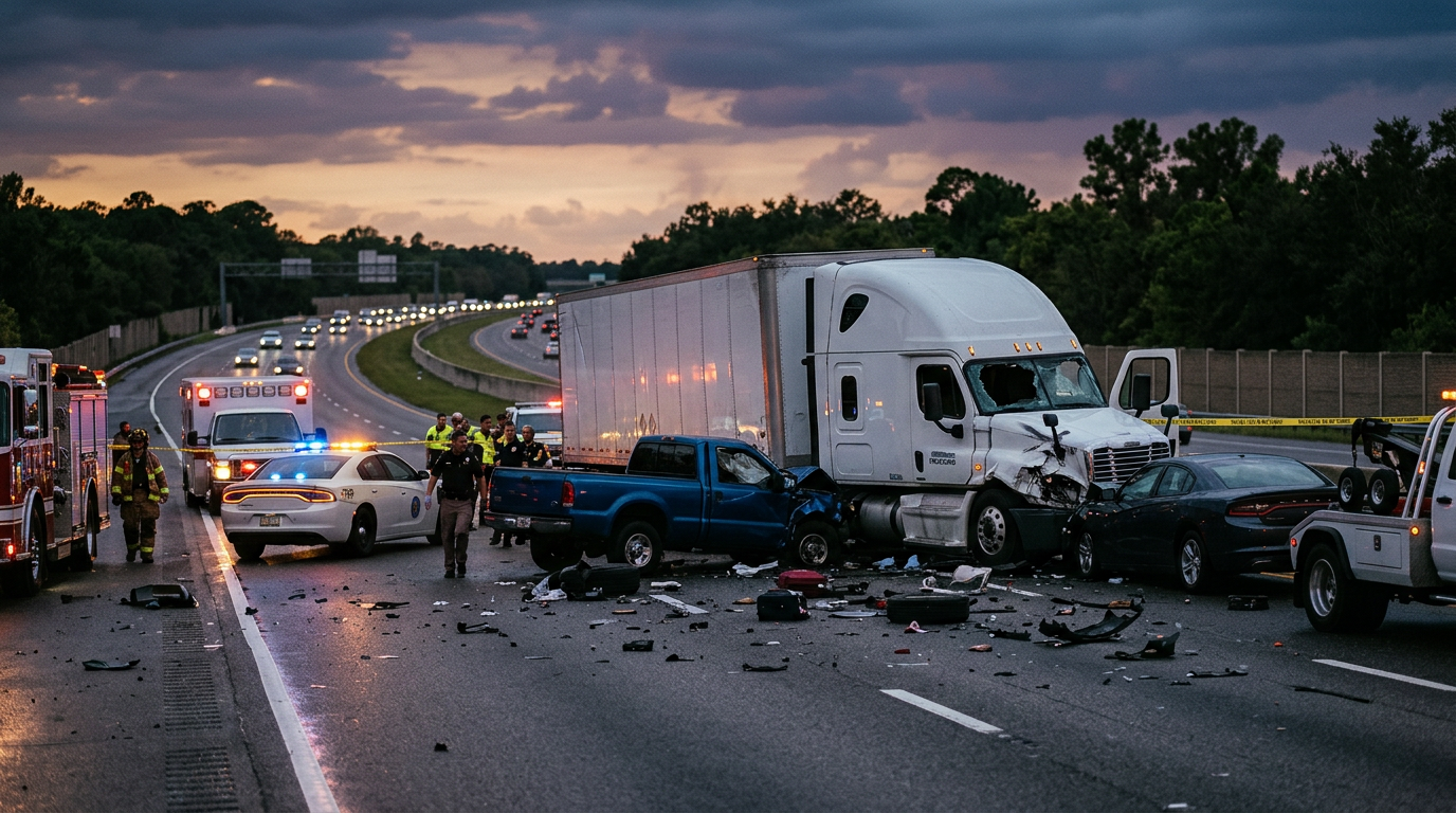 Overturned commercial truck and wreckage on a highway at dusk after a serious collision.