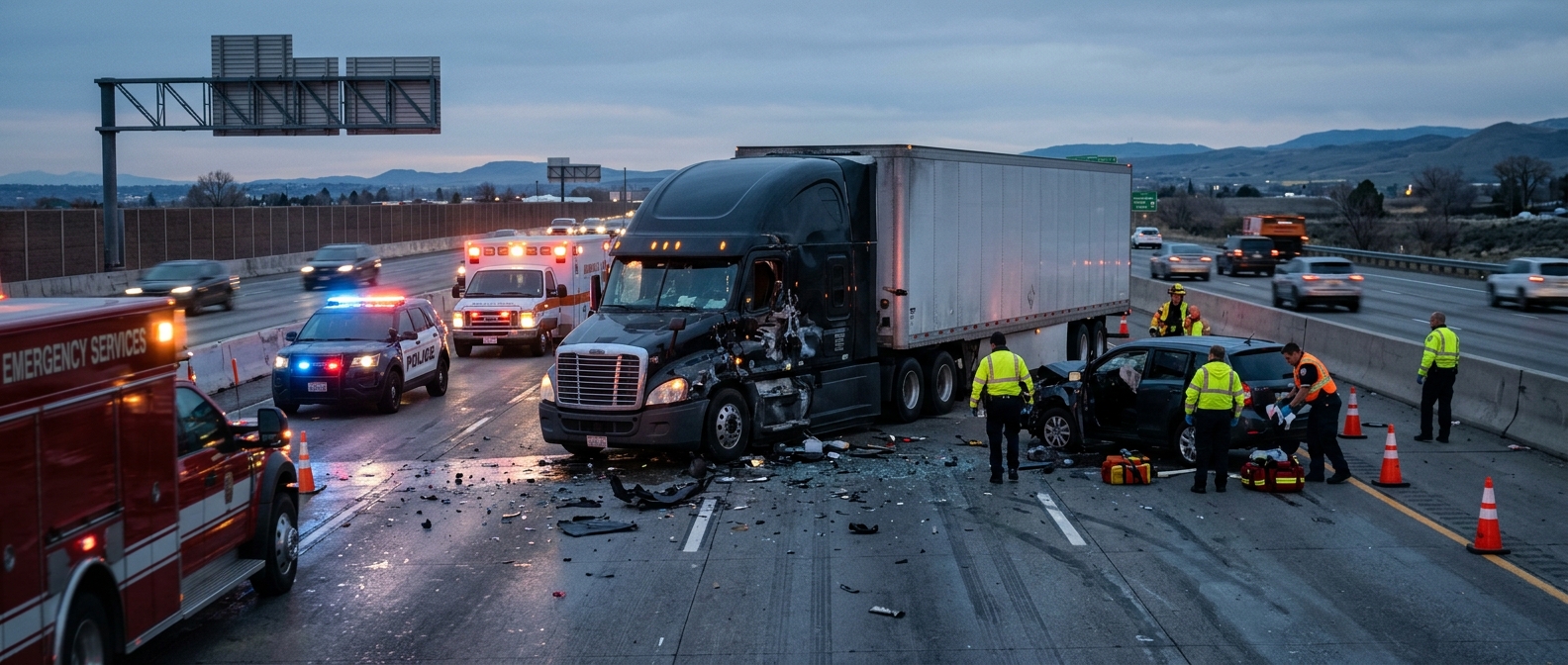 Overturned commercial truck blocking a highway lane at dusk after a serious collision.