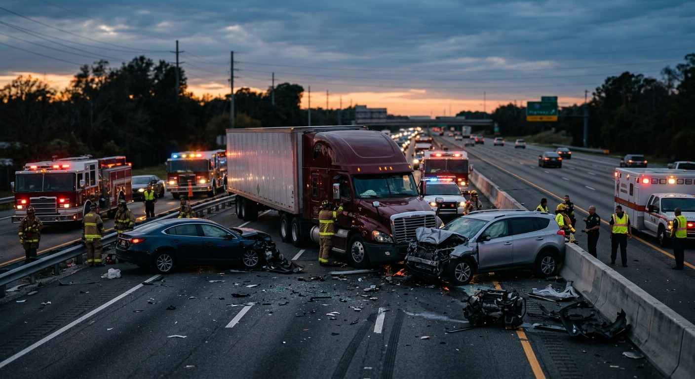Overturned commercial truck on a highway at dusk after a serious collision.